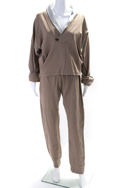 Kimberly Taylor Women's V-Neck Long Sleeves Two Piece Jogger Set Brown Size L