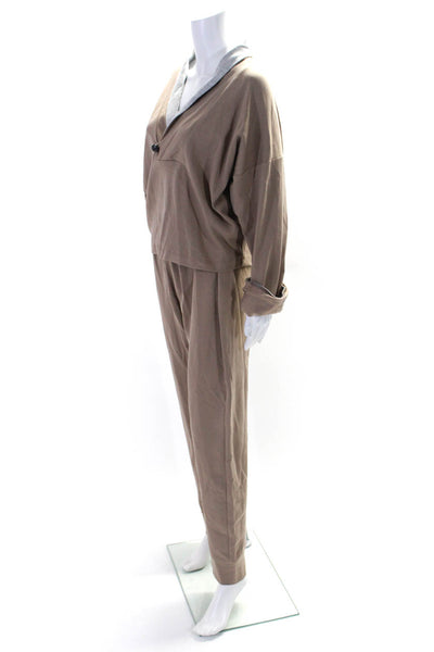 Kimberly Taylor Women's V-Neck Long Sleeves Two Piece Jogger Set Brown Size L