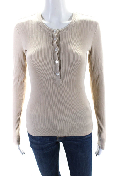 Theory Womens Cotton Long Sleeve Ribbed Henley Top Beige Size P