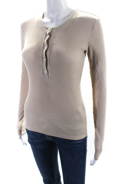 Theory Womens Cotton Long Sleeve Ribbed Henley Top Beige Size P