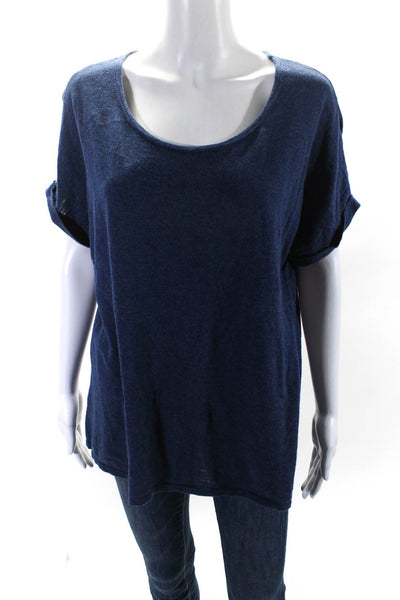 360 Sweater Womens Short Sleeve Scoop Neck Knit Tee Shirt Blue Cotton Size Large