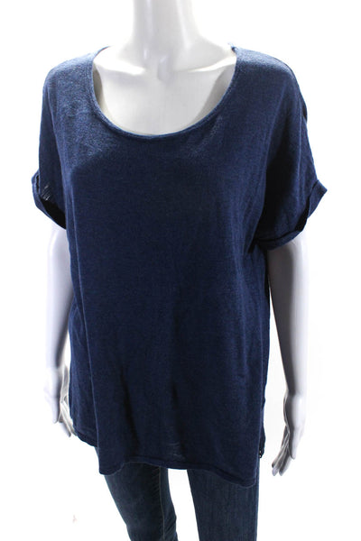 360 Sweater Womens Short Sleeve Scoop Neck Knit Tee Shirt Blue Cotton Size Large