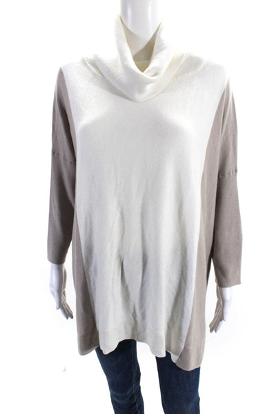 Etcetera Womens Long Sleeve Side Slit Turtleneck Sweater White Brown Size Large