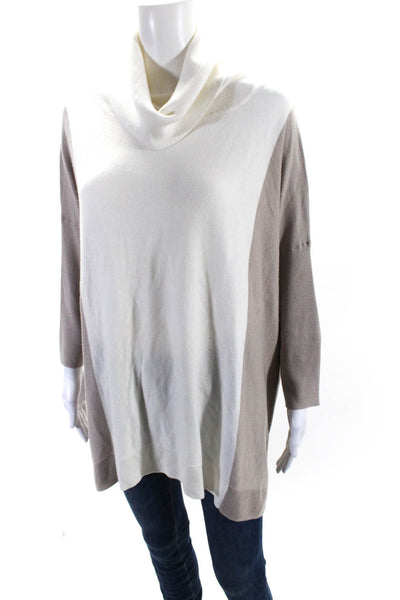 Etcetera Womens Long Sleeve Side Slit Turtleneck Sweater White Brown Size Large