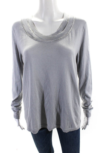 Lafayette 148 New York Womens Beaded Scoop Neck Silk Knit Sweater Gray Large