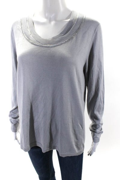 Lafayette 148 New York Womens Beaded Scoop Neck Silk Knit Sweater Gray Large