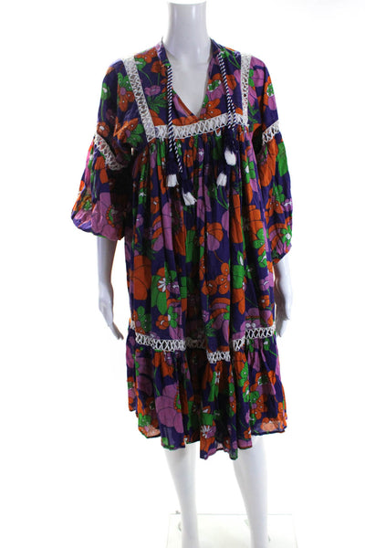 Dodo Bar Or Womens Cotton Floral Print Embroider Tassel Tied Dress Purple Size S