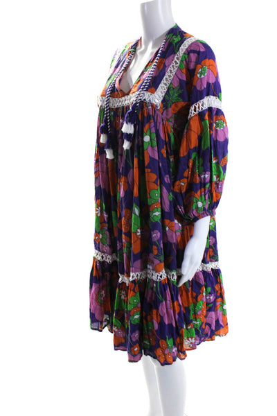 Dodo Bar Or Womens Cotton Floral Print Embroider Tassel Tied Dress Purple Size S