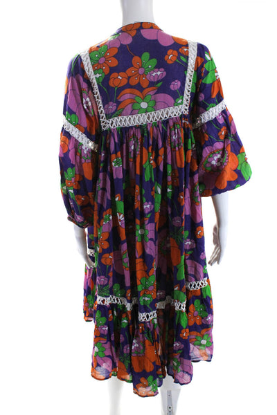 Dodo Bar Or Womens Cotton Floral Print Embroider Tassel Tied Dress Purple Size S