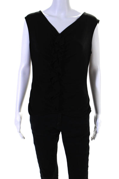 Lafayette 148 New York Womens V Neck Ruffle Tank Top Shell Black Silk Size Large