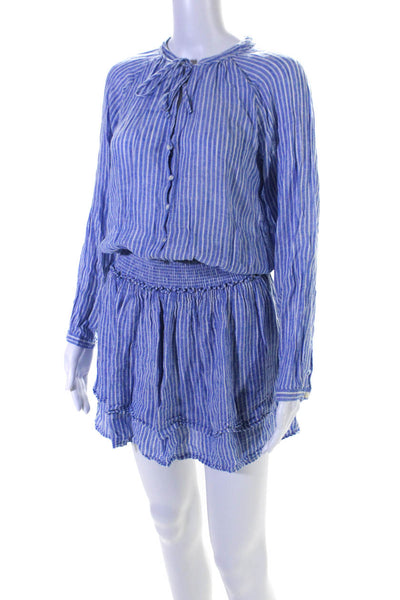 Rails Womens Blue Linen Striped Tie V-Neck Smock Long Sleeve Shift Dress Size M