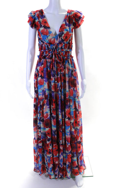 PatBO Womens Floral Print V Neck A Line Maxi Dress Multi Colored Size 0