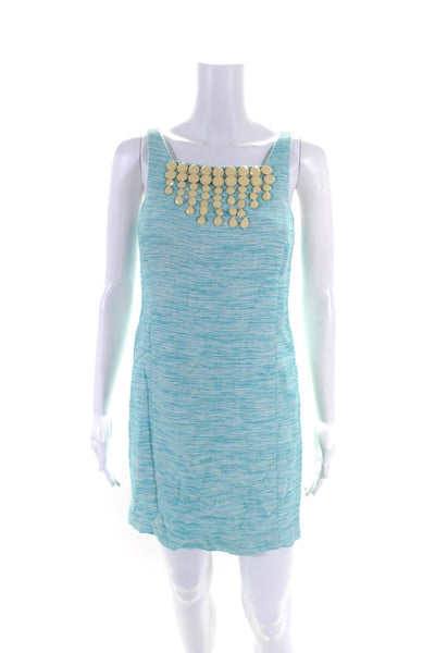 Trina Turk Womens Teal Blue Beaded Embellished Square Neck Shift Dress Size 0