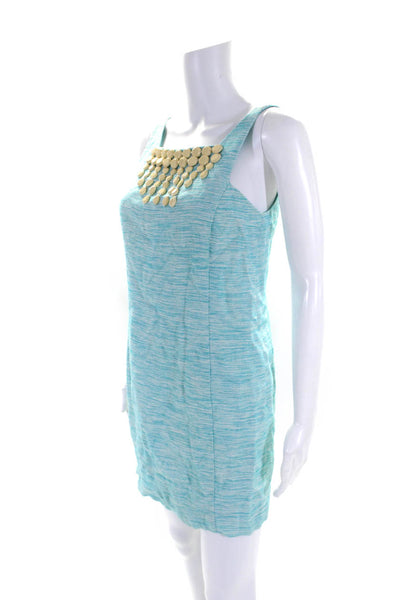 Trina Turk Womens Teal Blue Beaded Embellished Square Neck Shift Dress Size 0