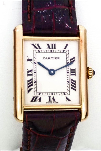 Cartier 18K Yellow Gold Tank Quartz Louis Crocodile Band Watch 24mm