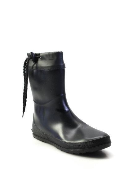 Designer Womens Slip On Round Toe Mid Calf Rubber Rain Boots Black Size 39