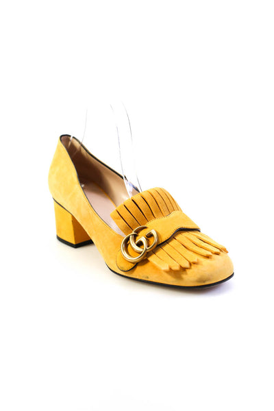 Gucci Womens GG Marmont Fringe Block Heel Slip On Pumps Yellow Suede 38.5 8.5