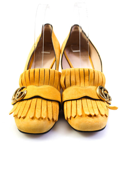 Gucci Womens GG Marmont Fringe Block Heel Slip On Pumps Yellow Suede 38.5 8.5