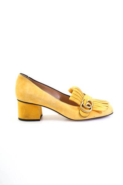 Gucci Womens GG Marmont Fringe Block Heel Slip On Pumps Yellow Suede 38.5 8.5