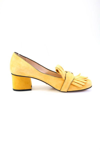 Gucci Womens GG Marmont Fringe Block Heel Slip On Pumps Yellow Suede 38.5 8.5