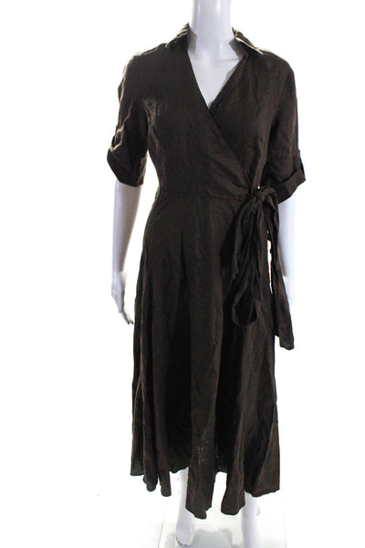 Tweeds Women's Collared Short Sleeves V-Neck Flare Maxi Linen Dress Brown Size 4