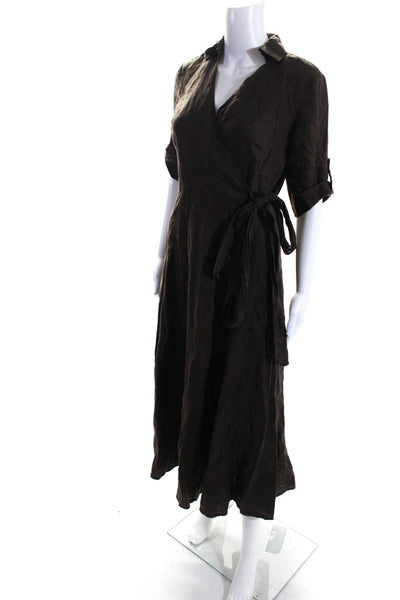 Tweeds Women's Collared Short Sleeves V-Neck Flare Maxi Linen Dress Brown Size 4