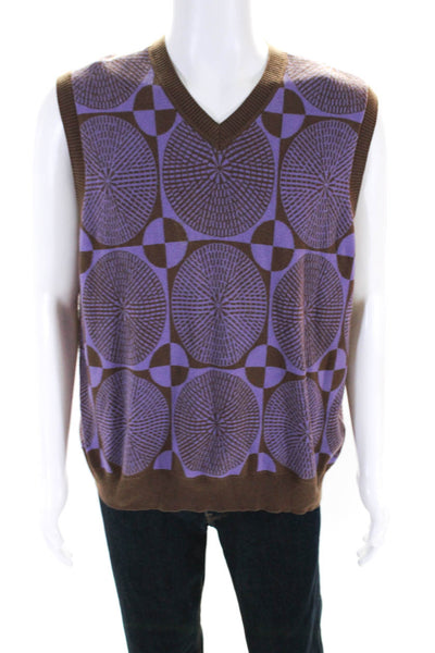 Obey Mens Brown Purple Printed Cotton V-Neck Sleeveless Sweater Vest Top Size L