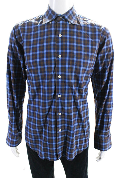 Peter Millar Mens Blue Cotton Gingham Long Sleeve Button Down Dress Shirt Size M