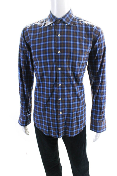 Peter Millar Mens Blue Cotton Gingham Long Sleeve Button Down Dress Shirt Size M