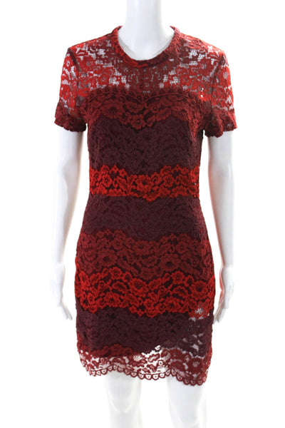 Sandro Women's Round Neck Short Sleeves Lined Lace Mini Dress Red Size 3