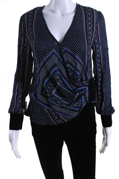 Derek Lam 10 Crosby Womens Long Sleeve Bandana Print Silk Top Navy Brown Size 0