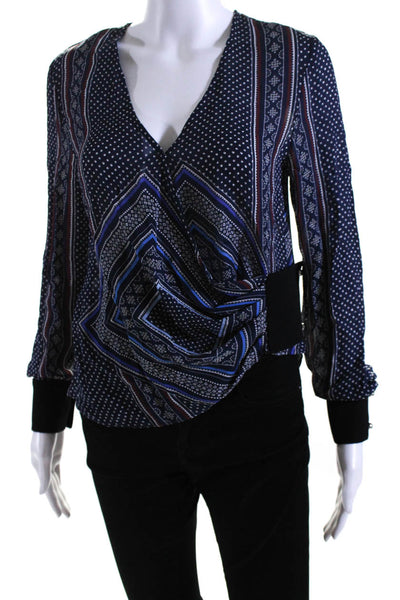 Derek Lam 10 Crosby Womens Long Sleeve Bandana Print Silk Top Navy Brown Size 0