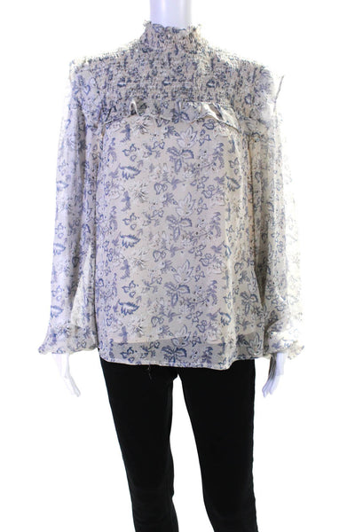 En Saison Womens Long Sleeve Floral Smocked Top Blouse Beige Blue Size Large