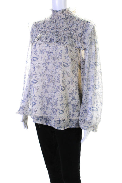 En Saison Womens Long Sleeve Floral Smocked Top Blouse Beige Blue Size Large