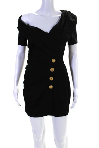 Balmain Womens Back Zip Short Sleeve Ruched Mini Sheath Dress Black Size FR 40