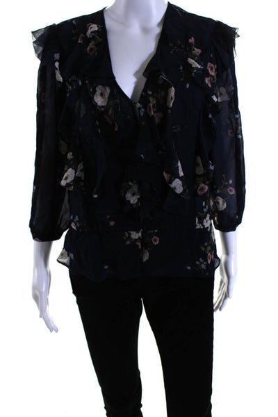 Joie Womens Silk Floral Print V-Neck Long Sleeve Ruffled Blouse Navy Size XS