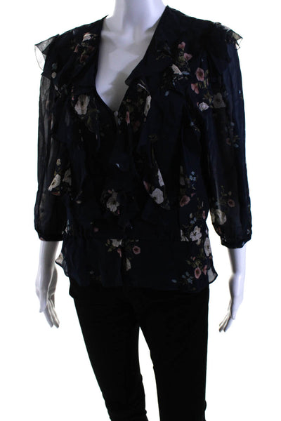 Joie Womens Silk Floral Print V-Neck Long Sleeve Ruffled Blouse Navy Size XS