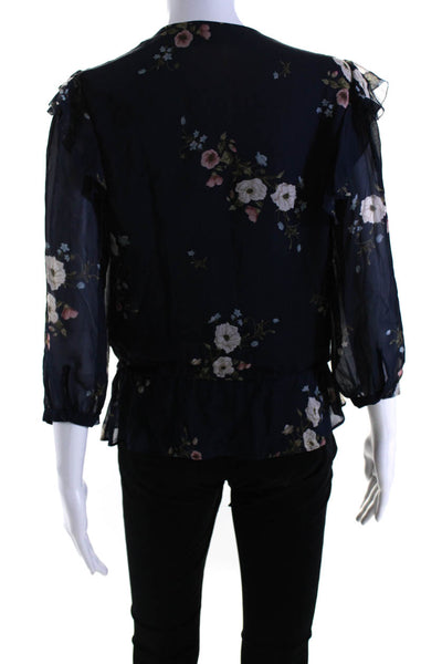 Joie Womens Silk Floral Print V-Neck Long Sleeve Ruffled Blouse Navy Size XS