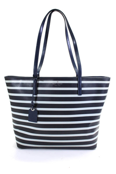 Kate Spade New York Womens Leather Striped Tote Shoulder Handbag Blue Black