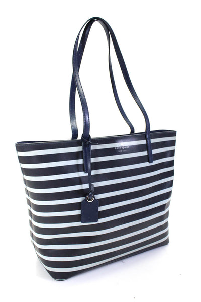 Kate Spade New York Womens Leather Striped Tote Shoulder Handbag Blue Black