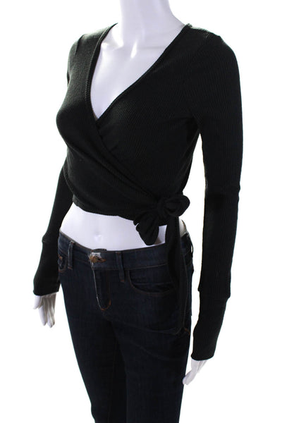 Spiritual Gangster Womens Ribbed Textured V-Neck Wrapped Blouse Black Size S