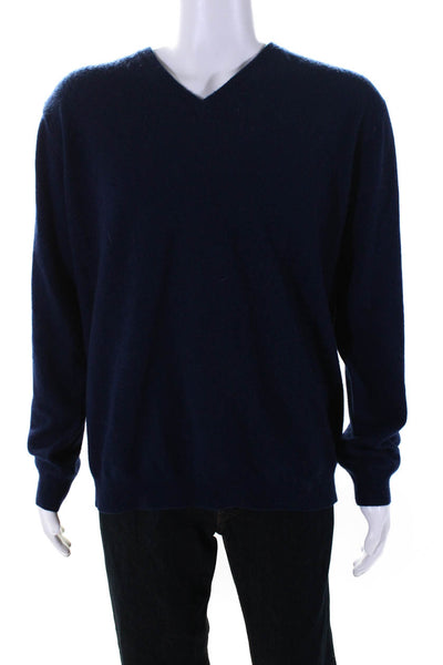 J. Hilburn Mens Cashmere Long Sleeves V Neck Sweater Navy Blue Size Extra Large