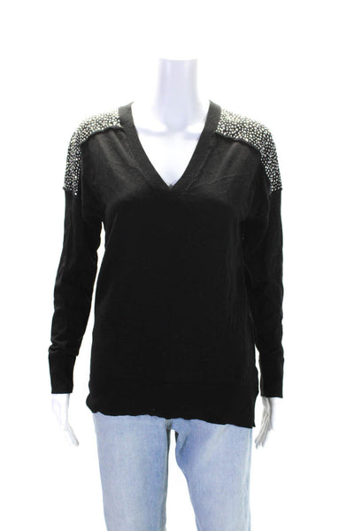 Michael Michael Kors Women's V-Neck Long Sleeves Embellish Sweater Black Size S