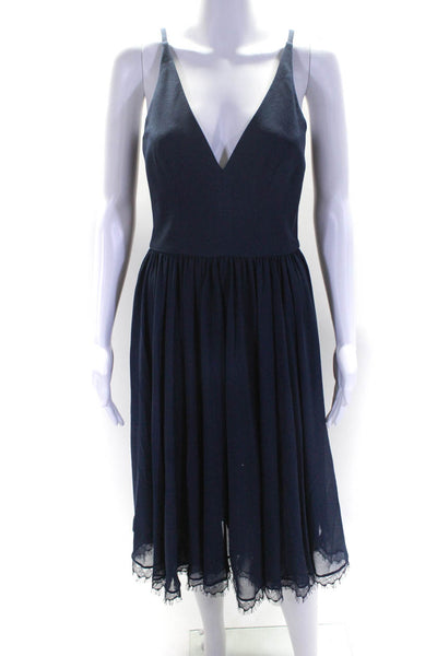 Dress the Population Womens V Neck Sleeveless Lace Trim A Line Dress Navy Size S