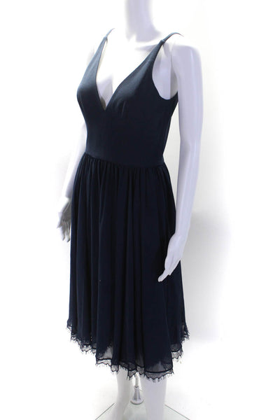 Dress the Population Womens V Neck Sleeveless Lace Trim A Line Dress Navy Size S