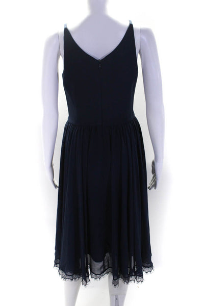 Dress the Population Womens V Neck Sleeveless Lace Trim A Line Dress Navy Size S