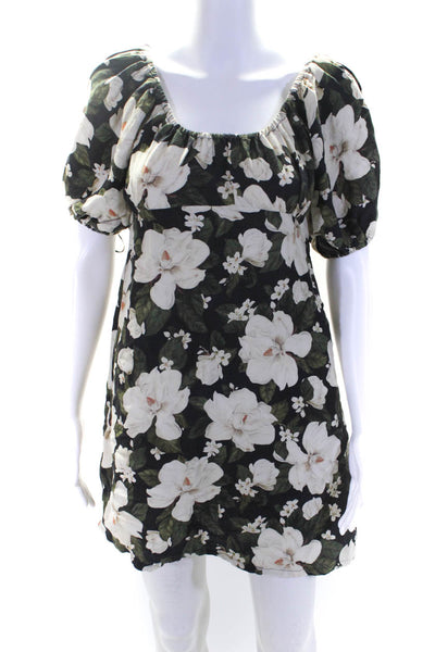 Posse Womens Linen Blend Floral Print Puffy Sleeves Dress Black Size Small