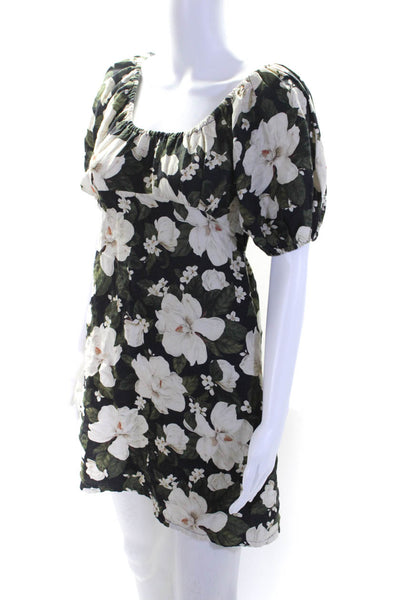 Posse Womens Linen Blend Floral Print Puffy Sleeves Dress Black Size Small