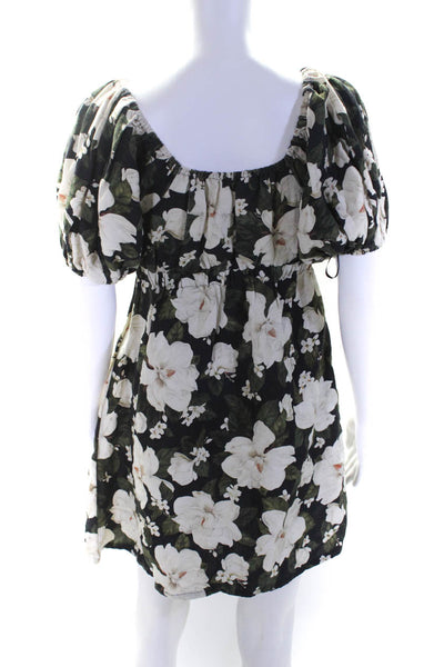 Posse Womens Linen Blend Floral Print Puffy Sleeves Dress Black Size Small