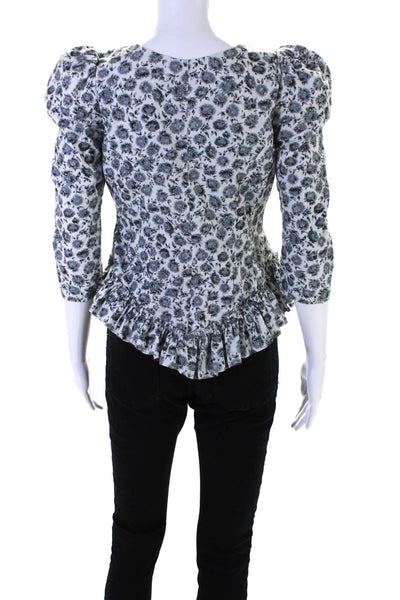 Love Shack Fancy Womens Button Front Ruffled Floral Top White Gray Cotton Size 0